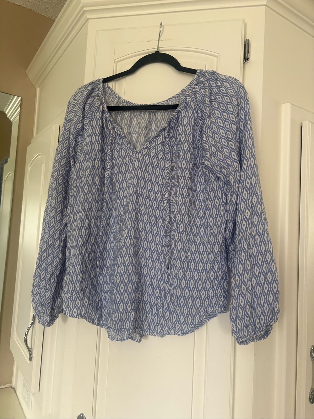 Light Blue Ikat Printed Peasant Blouse - Women